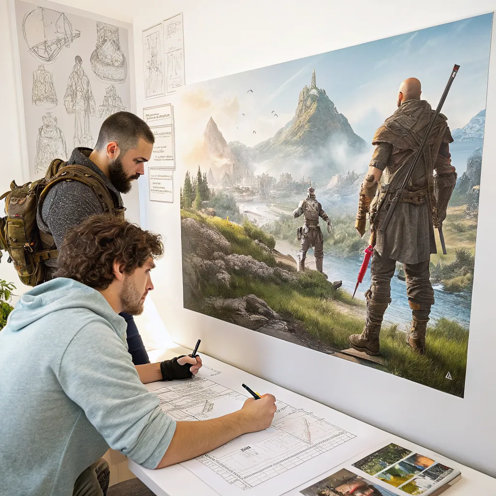 Ilustrativní kresba herního světa s postavami a žánrovými prvky